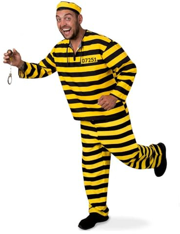 KarnevalsTeufel Erwachsenenkostüm Sträfling 3-teilig Hose, Oberteil und Mütze in schwarz-gelb Gefangener Knacki Häftling (56)