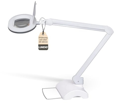 Lumeno 8613GR Lupenleuchte Arbeitsplatzlampe mit großer ovalen Linse 110x150 mm, 60 LEDs in 2 Stufen dimmbar, perfekt als Lesehilfe, für die Kosmetik oder zum Löten, 3 Dioptrien grau mit Tischstativ