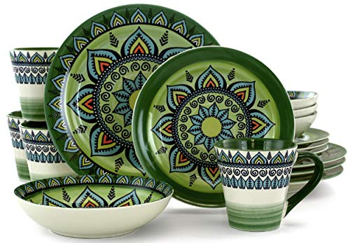 Elama Mandala-Geschirr-Set, rund, Steingut, mehrfarbig, 16-teilig, Grün