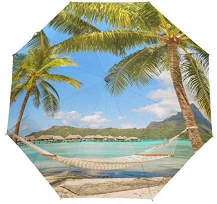 BIGJOKE 3 Folds Auto Open Close Umbrella Ocean Palm Trees Tropical Beach Windproof Travel Lightweight Rain Umbrella Compact for Boys Girl Men Women