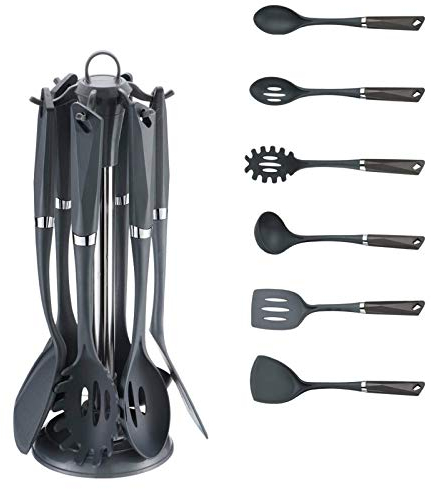 Michelino Küchenhelfer 7-teilig Spaghettiheber, Schöpfkelle, Pfannenwender, Servierlöffel Grau