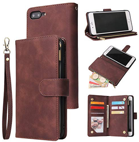 QLTYPRI Case for iPhone 7/8/SE 2020/SE 2022 5G, Large Capacity Leather Wallet Case 6 Card Holder & 1 Zipper Pocket Kickstand Wrist Strap Magnetic Case for iPhone SE 2022/SE 2020/8/7 - Coffee Brown