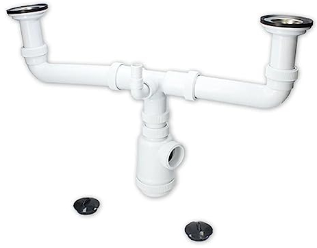 Fontastock FSKFSI008 Siphon Double Extensible 1-1/2 32/40 Type Bouteille avec grilles d'évacuation et Bouchons Inclus, Horizontale, Sortie de Machine à Laver ou Lave-Vaisselle, Blanc, Petit