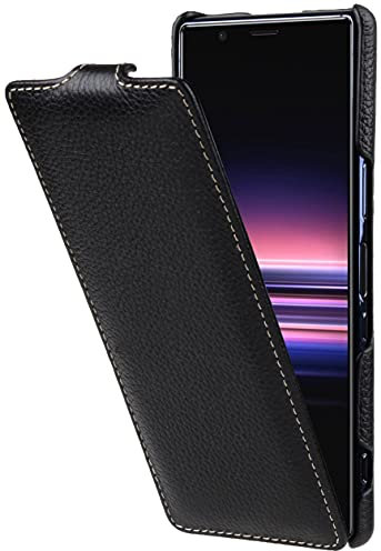 STILGUT UltraSlim Compatible with Sony Xperia 5 II Leather Case - Xperia 5 II Flip Case, Mobile Phone Case, Leather Case - Black
