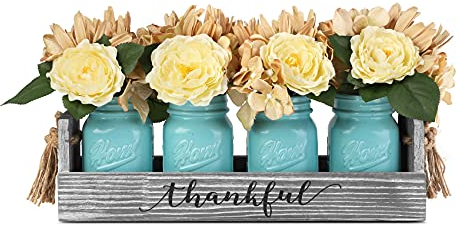 HOMKO Mason Jar Centerpiece Set with Artificial Flower, Kitchen Table Decor Centerpiece in Farmhouse Rustic Style for Flatware Organizer, Flower Arrangement, Garden Wedding (Blue, Large)