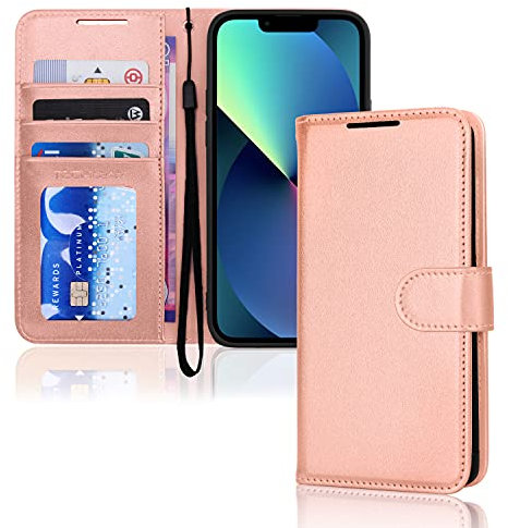 TECHGEAR iPhone 13 Leather Wallet Case, Flip Protective Case Cover with Wallet Card Holder, Stand & Wrist Strap - Rose Gold PU Leather with Magnetic Closure for iPhone 13 6.1