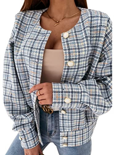 Veste à carreaux à col rond et manches longues pour femme, bleu, S