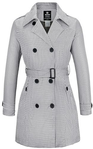 Wantdo Cappotto Donna Primaverile Leggero Classico Trench Doppiopetto Lungo Parka Impermeabile Antivento Trenchoat con Cintura Nero Bianco 44