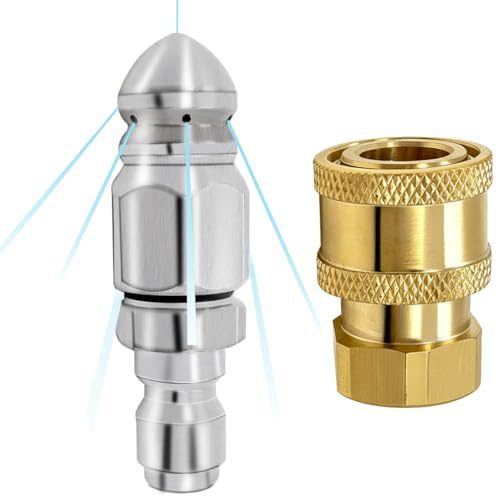 2 Pack 5000 PSI Sewer Jet Nozzle with Pressure Washer Coupler, Stainless Steel 1/4 Inch Pressure Washer Drain Jetter Hose Nozzle and Brass Fittings Quick Connector, 1/4'' Quick Connect to Female NPT