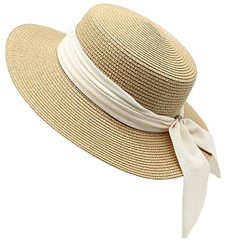 Holiday Straw Beach Hat for Womens Wide Brim Bow Ribbon Boater Hat Flat Top Classic Sun Hats for Summer Small/Medium, Khaki With Ivory Ribbon, S/M