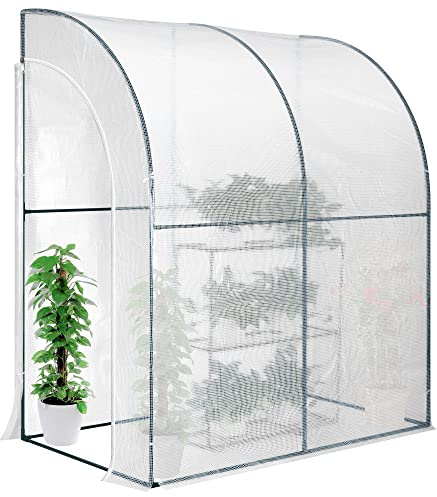VIVOSUN Mini Lean-to Greenhouse, 6.6’ x 3.3’ x 6.9’ Portable Wall House with White PE Cover and Shelf for Compact Garden 79x39x83-Inch