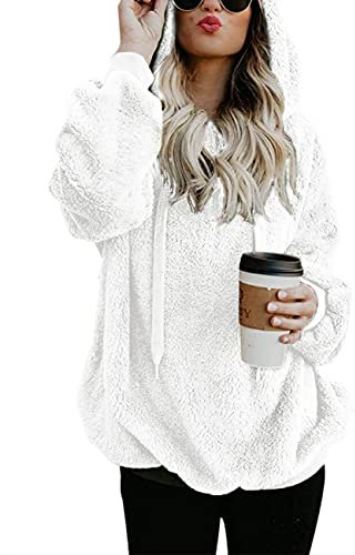 iWoo Hoodie Pullover Kuschelpullover Damen Winter Herbst Casual Kapuzenpullover Reißverschluss Teddy Jacken für Damen(Weiß,XL)