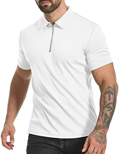 MLANM Men's Short Sleeve Polo Shirts 1/4 Zip Quick Dry Golf Polo Shirt Summer Outdoor Lightweight Short Sleeved Shirts, White 2XL