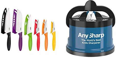 Zyliss E920144 6 Piece Knife Set | Multiple Sizes | Stainless Steel | Multicolour | 6 x Kitchen Knives with Protection Covers & AnySharp Knife Sharpener with PowerGrip, Blue, One Size