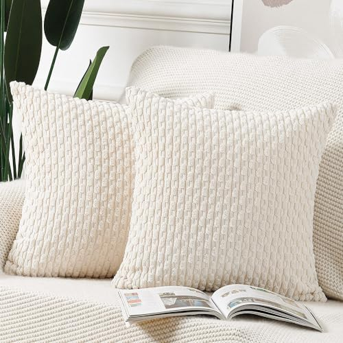 Madizz 2er Set Boho Gestreifte Kissenbezüge Weicher Kord Dekorativer Kissenbezug für Schlafzimmer Sofa Kissenhülle Creme Weiß 35 x 35 cm