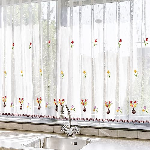 HOMEYA - Cortina Cocina Translúcida 140x220cm - Visillo Transparente Estampado para Ventana, Marco de Puerta - 1 Unidad