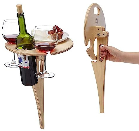 Hyxodjy Mesa de Vino de Madera Portátil para Playa y Exteriores - Plegable para Arena y Hierba - Mini Mesa de Picnic para Camping y Conciertos En El Parque