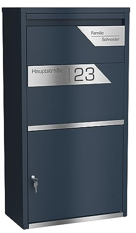 Graviers Design Paketbriefkasten personalisiert freistehend - pulverbeschichteter Stahl mit Edelstahl Namensschild Gravur - Briefkasten Rückholsperre Postbox für Pakete Briefe Paketbox Design 6