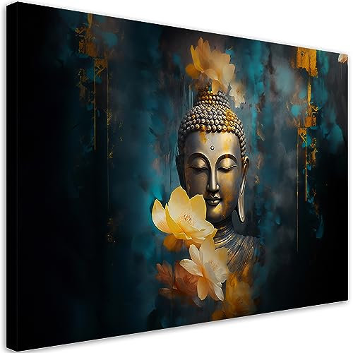 Feeby Bilder Asien Japan Buddha 120x80 cm 1 tlg Schlafzimmer Modern Vlies Leinwandbilder Bild auf Leinwand Kunstdruck Wand Wanddeko Design Wohnzimmer Büro Flur Hotel Spa Zen Buddhismus Yoga Blau