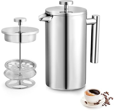 French Press Kaffeebereiter, 1 Liter, Edelstahl, doppelt isoliert, für 8 Tassen, Espresso-Kaffeepresse, tragbarer Kaffeekolben für Zuhause, Büro, Camping