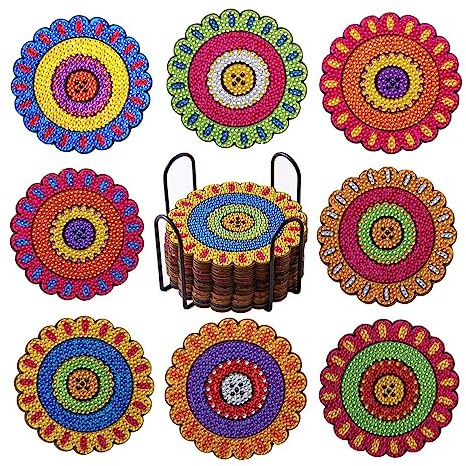 Dessous de Verre 8 pièces peinture au diamant sur le dessous de verre, tapis de salle à manger en bois rempli de diamants brillants ronds bricolage, vaisselle artisanale de dessin animé Dessous de Ver