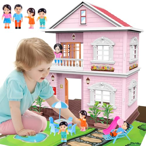 deAO Maison de poupée, Maison de poupée Miniature DIY, Villa à Deux étages avec 4 poupées, Table, Armoire, Chaise Longue, Baignoire, Toilette, Balançoires, Toboggans, Cadeaux pour Filles de 3 Ans+