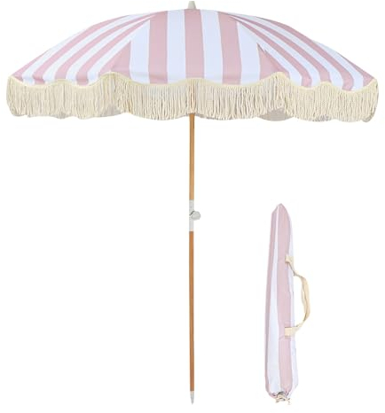200cm Sonnenschirm Strand Mit Fransen Gartenschirm Wasserdicht Tragbar Strandschirm UV 50+ Marktschirm Mit Neigbar Balkonschirm Mit 8 Stabilen Rippen Terrassenschirm Mit Tragetasche (Color : Pink)