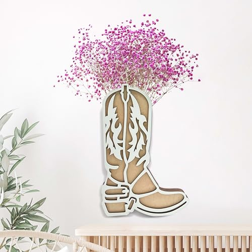 Western Cowboy Boot Vase Decor for Wall, Wooden Cowgirl Cowboy Boot Vase Decor for Flower, Farmhouse Cowboy Boot Centerpieces for Tables, Boot Planter, 10 x 6.7 inch