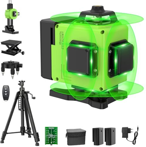 【con Treppiede】Livella Laser Autolivellante 4 X 360°Verde, IP54 Antipolvere, Impermeabile, ±3° Livellamento Automatico, Per Costruzione e Appendere Quadri, Bluetooth, 2 * batterie, 30M