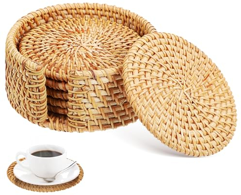 Kichvoe 1 Set Rattan-Untersetzer Mit Halter: 6 Stück Korb-Boho-Untersetzer Untersetzer Für Getränke 10 cm Runde Teetassen-Untersetzer Couchtisch-Untersetzer Für Zuhause Büro Bar