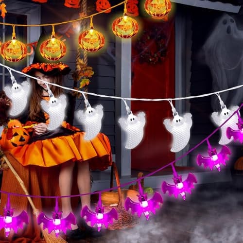 Laspi Halloween String Lichter Dekoration,9M 60 LED Weiß Geist Lila Fledermaus Orange Jack-O-Lantern Kürbis Batteriebetriebene Lichter Halloween Dekoration Indoor Outdoor Home Yard Party