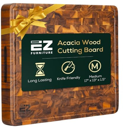 EZ FURNITURE Acacia Large Wood Cutting Board & Serving Board, End Grain with Juice Groove and Handles, For Chopping (L 20 x 15 x 1.5, 8.38 lbs)