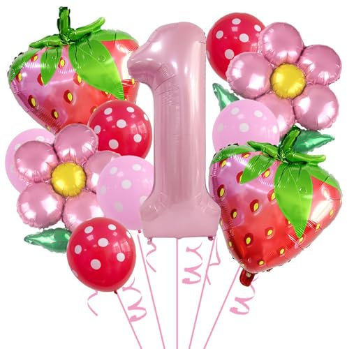 DazzJoy Erdbeer Geburtstagsdeko 1 Jahr Mädchen, Deko 1. Geburtstag Mädchen, Rosa Luftballon 1. Geburtstag Deko Set mit Folienballon Zahl 1 und Erdbeer Ballons, Erster Geburtstag Mädchen Deko Geschenk