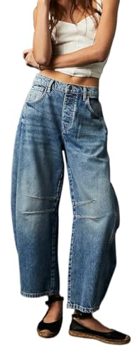 Barrel Jeans para Mujer de Moda de Cintura Alta de Pierna Ancha Holgada Recortada Relax Fit Pantalón de Mezclilla elástico Pantalones de Tobillo (Azul Oscuro,S)
