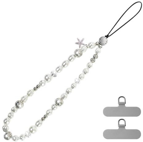 pcgaga Designed Pearl Beaded Phone Charm, Mobile Phone Wrist Strap, Handmade Phone Bracelet Straps, Anti-Lost Lanyard Wrist Chain for Women Girls Gift, Cell Phone Accessories, Keychain (Silver Beads)