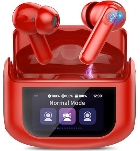 Cuffie Bluetooth, Auricolari Bluetooth 5.4 Stereo Hi-Fi, ANC/ENC Cancellazione Rumore Cuffie Wireless In Ear, 48Ore Cuffiette Touch Screen con Equalizzatore, IPX7 Impermeabile Cuffie Senza Fili Rosso