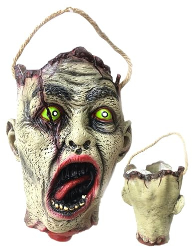 Genikeer Halloween Candy Bowl Holder - Halloween Scary Zombie Heads Shape Candy Bowl Holder | Skull Heads Shaped Trick Or Treat Candy Pail Holder For Halloween | Reusable Handles Candy Sack