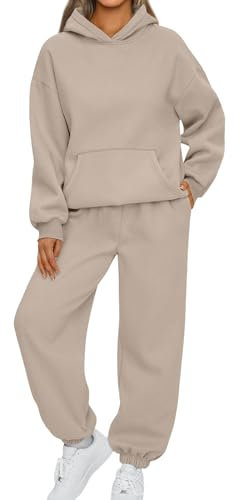 Damen Jogginganzug Set Langarm Hoodies Und Hosen Casual Hoodies Hosen Set Sweatshirts Einfarbig Jogginganzug Jogginganzug Damen Lässig Zweiteiler Damen Sportanzug (3-Beige,M)