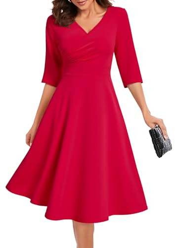 Bbonlinedress Rockabilly Kleider Damen Abendkleider elegant für Hochzeit Winterkleid lang festliches Kleid mit Taschen Party Cocktailkleid Red S