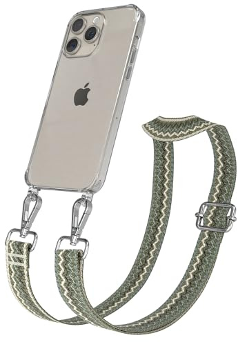 EAZY CASE Handykette - Verstellbares Taschenband kompatibel mit iPhone 15 Pro Max, Schulterriemen, Handykordel mit Silikon Hülle, Umhängetasche, Grün Beige Silber