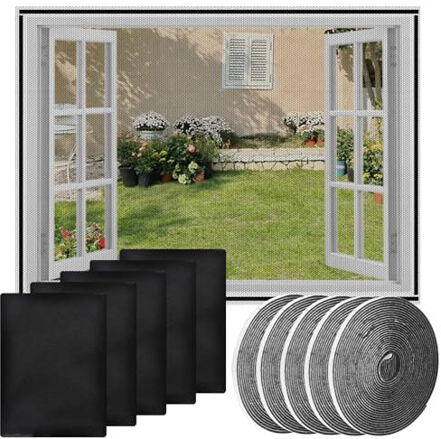 5 Piezas Mosquitera Ventana, 130 x 150cm Malla Mosquiteras de Ventanas Adhesiva con 5 Rollos Cintas Autoadhesivas, Mosquitera para Ventanas, Malla Antimosquitos, Se Puede Cortar (Negro)