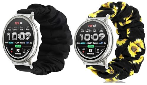 Lamshaw Chouchou Bracelet Compatible avec Amazfit Active 2 Smart Watch, 20mm,22mm,en Tissu Imprimé Élastique Bracelet de Montre du Compatible avec Amazfit Smartwatch (2 Packs-Noir+Tournesol, 20mm)