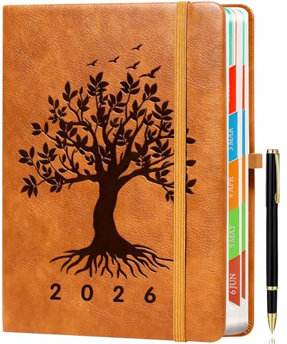 ZXHQ 2026 Diary A5 Page a Day, Jan-Dec, Tree of Life Design, Full Year Daily Planner with Monthly View, UK Holiday, Colorful Tabs, Pen Set and Fine Inner Pocket, 5.9 × 8.5- Light Brown