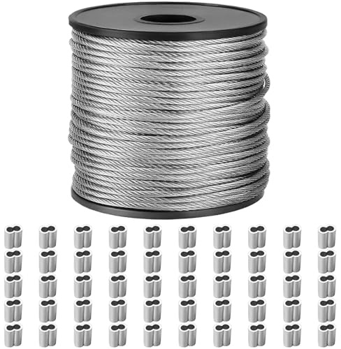 ANOMM 50m x 2mm Drahtseil Edelstahl,Edelstahldrahtseil mit 50 Quetschhülsen | 7 x 7 Litzendrahtseil, Stahlkabel für Gartenkletterpflanzen, zum Aufhängen von Gemälden und für den Einsatz im Garten