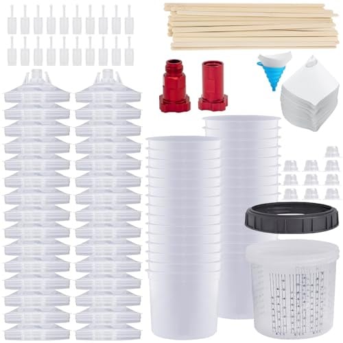 Einweg-Farbspritzpistolenbecher Set für HVLP- und LVLP-Lackierpistole, 600ML Lackmischbecher Kit mit 30 Bechern und Deckeln, 30 Filtern, 10 Stecker und 1 Hartbecher mit Haltering, 2 Cup Adapter