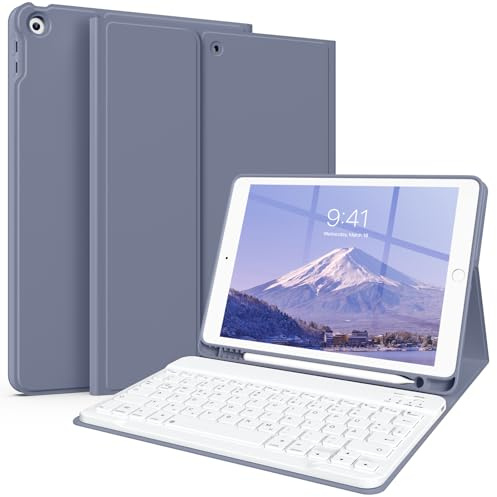 SZPSGC Tastatur Hülle für iPad 10,2 Zoll 9/8/7 Gen 2021/2020/2019, Lila | Soft TPU Rückseite Gehäuse, Pencil Halter, magnetisch Abnehmbarer Tastatur, Bluetooth Tastatur mit QWERTZ Layout