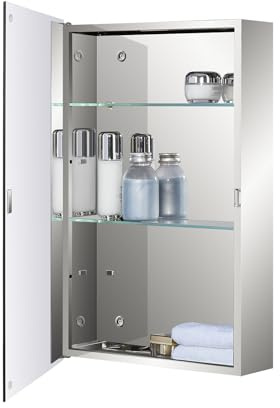 Fundin Edelstahl-Badezimmer-Spiegelschrank, Einzeltür mit verstellbaren Glasregalen, Aufputzmontage, 40 cm Breite x 60 cm Höhe, spiegelndes Finish