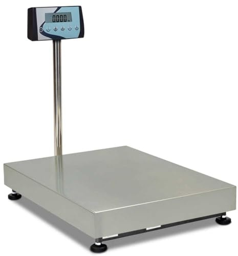MBH - Balanza Industrial Inox Grande con Columna hasta 300 kg. Báscula Profesional para Sacos, Cajas, Paquetería y Animales. Pantalla LCD y Plataforma 500x400 mm (500x400x840 mm)