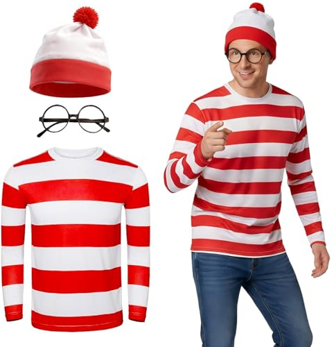 Orizizhic Herren Rot-Weiß Gestreiftes T-Shirt Kit, 3 Stück Cosplay Kostüm Set mit langärmeligem Hemd Brille Bommelmütze Welttag des Buches Weihnachten Halloween karneval Party Outfit für Erwachsene