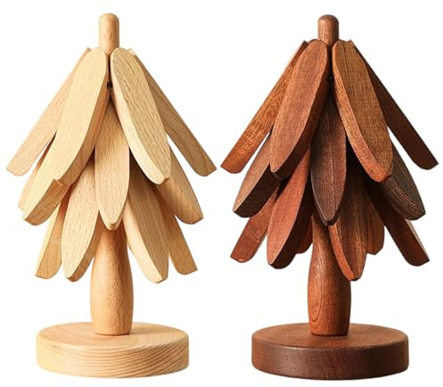2 Pack Wooden Tree Trivet Set, Stackable Heat Resistant Trivets for Hot Pans, Natural Bamboo Placemats with Storage Base, Non-Slip Tree Coasters for Kitchen Bowls